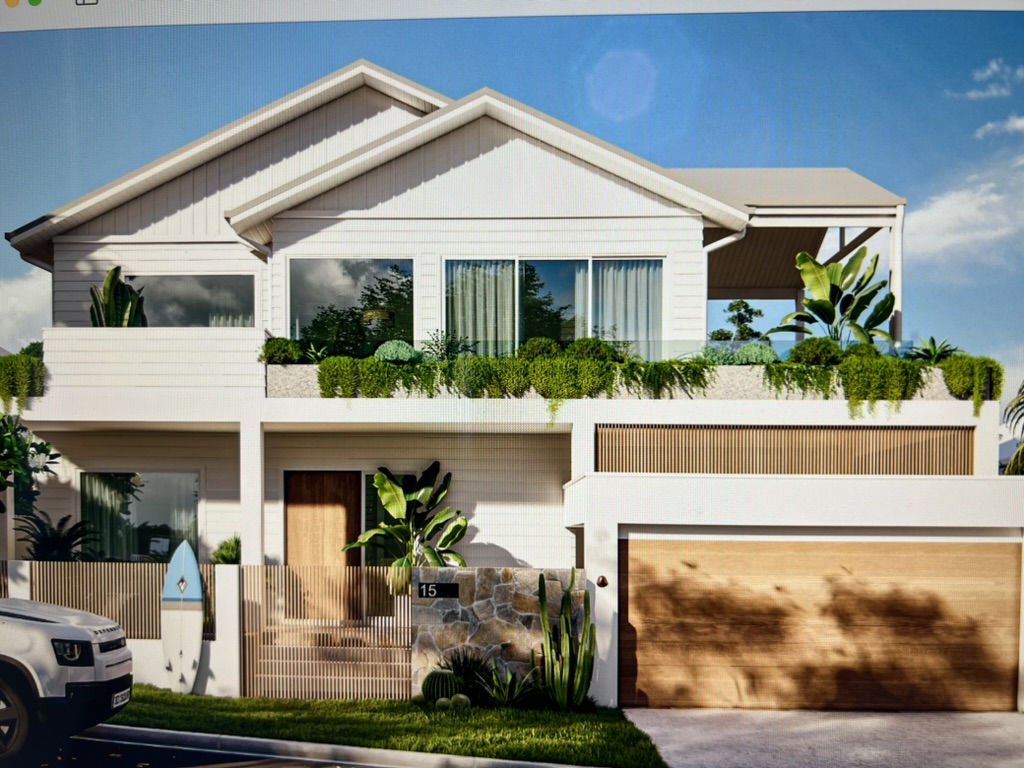 Design image of Loloma showing gabled roofs, light cladding, timber accents and planted balconies.