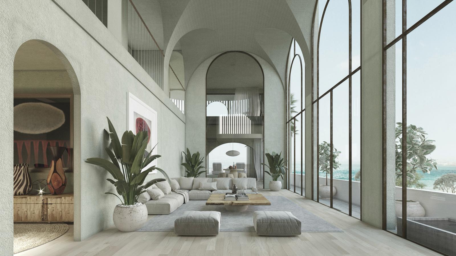 Architectural render of Pacific Parade’s double-height living space with tall arched glazing and a coastal outlook.